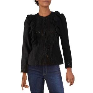 La Vie Rebecca Taylor Womens Black Sheer Eyelet Button Down Top Shirt size M
